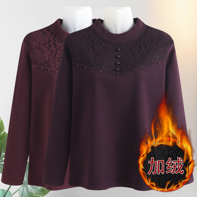妈妈秋冬蕾丝加绒保暖长袖上衣