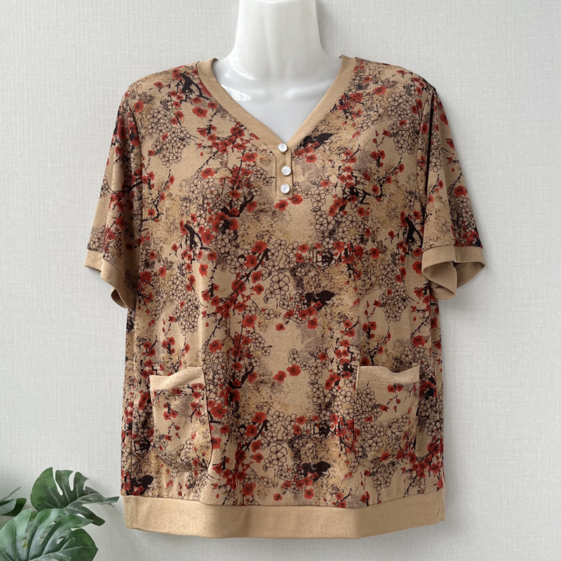 中老年薄款遮肚V領薄款時尚短袖t