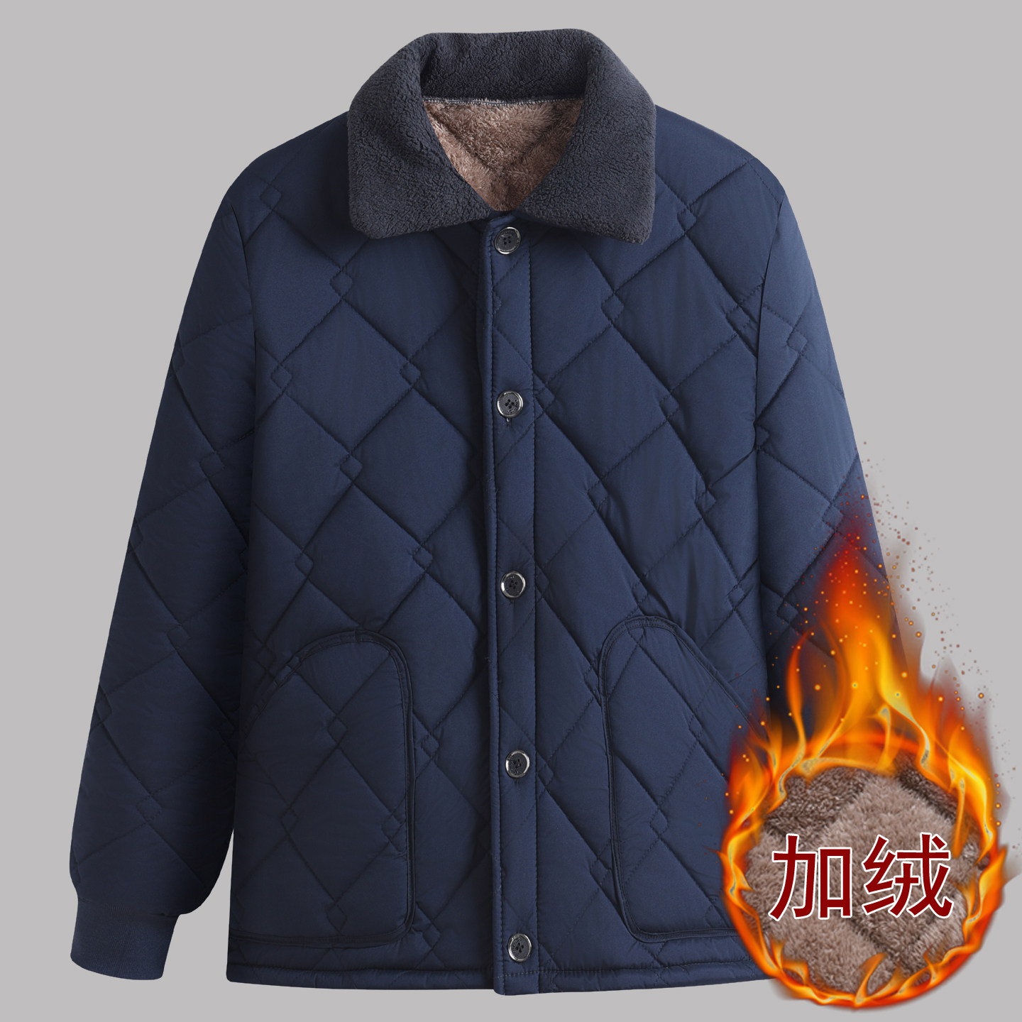 爸爸冬装翻领棉衣男中老年加绒加厚保暖棉袄宽松大码棉服加肥外套