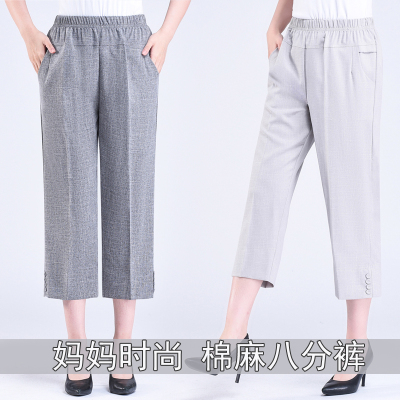 中老年宽松直筒松紧腰仿棉麻中裤