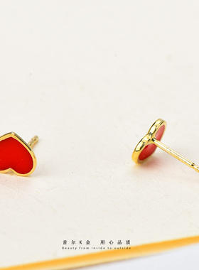文艺！首尔k金纯10k/14k金黄金耳钉 时尚红色爱心耳钉耳骨钉单只