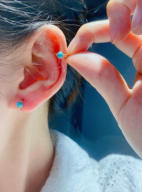 韩国正品纯10K 14K金耳环女 时尚气质蓝色圆形绿松石耳扣耳骨环