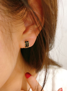 首尔k金纯10k 14k金黄金首饰耳环时尚简约黑色宽面耳圈耳扣女单只