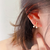 韩国正品 交叉小珍珠彩金耳饰礼物 精致个性 纯10K金 14K黄金耳钉女