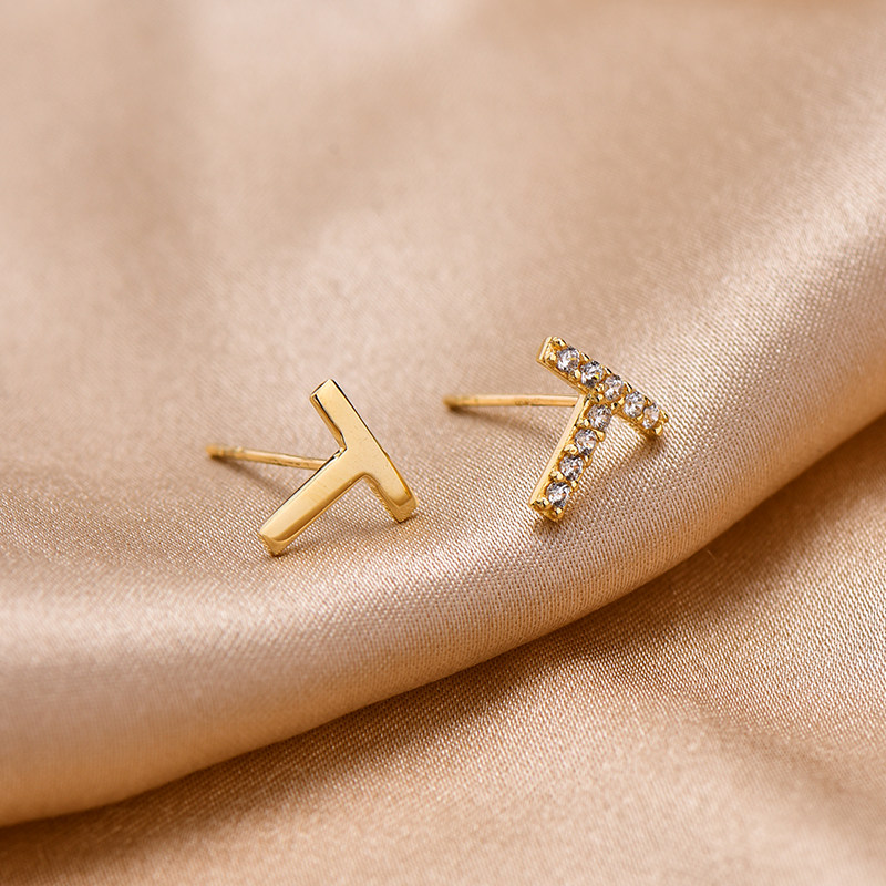 韩国正品纯10K 14K金耳钉 2025新款潮个性锆石镶嵌字母彩金耳饰女