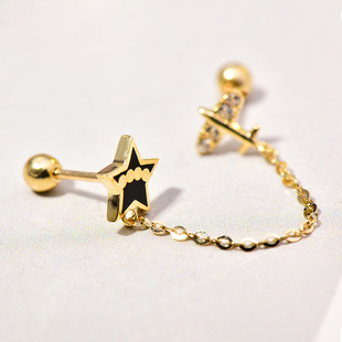 高级感首尔k金纯10k/14k金黄金耳钉 五角星飞机连线螺纹耳钉单只