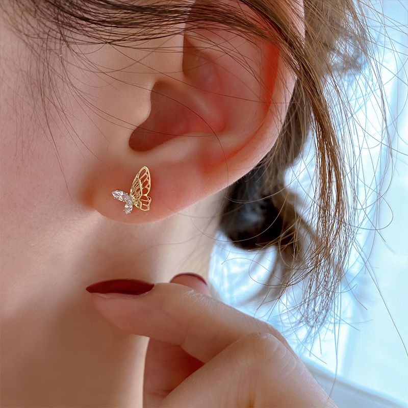 韩国正品纯10K金耳钉 时尚精致镂空镶钻双层蝴蝶彩金耳饰女潮礼物