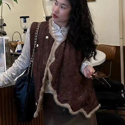 清仓高端定制秋冬重磅醋酸香云纱马甲女轻奢品质设计感棉衣水貂毛