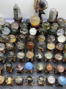 天然水晶球绿幽灵球摆件兔毛发晶球摆件饰品球直播专拍链接