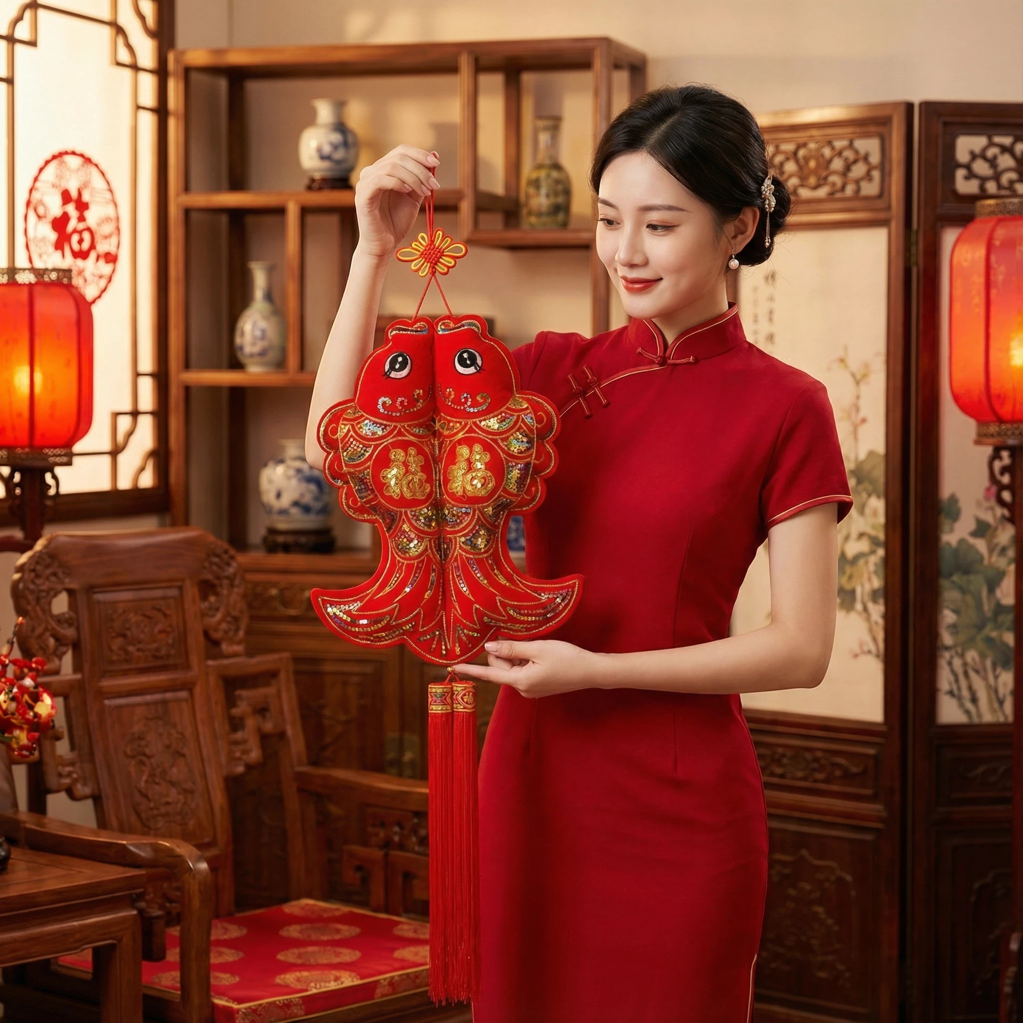 福字大号鱼挂件中国结挂件客厅新年过年小号彩色亮片对鱼装饰用品