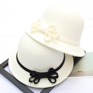 黑白蝴蝶结圆顶礼帽女韩版秋冬天羊毛呢盆帽渔夫帽英伦复古毛毡帽