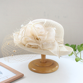 2024欧美优雅帽子女春秋气质英伦赫本帽礼帽时尚 卷边亚麻花朵盆帽