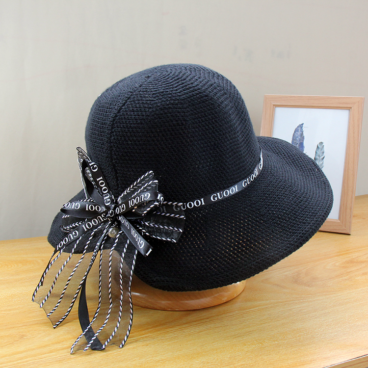 帽子女春夏甜美丝带蝴蝶结针织盆帽韩版百搭遮阳帽时尚文艺渔夫帽