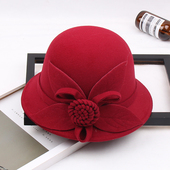 圆顶羊毛呢渔夫帽秋冬名媛时装 优雅花朵礼帽女英伦复古时尚 韩版 帽