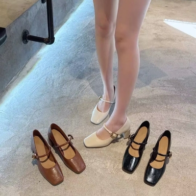 法式粗跟高跟方头玛丽珍鞋