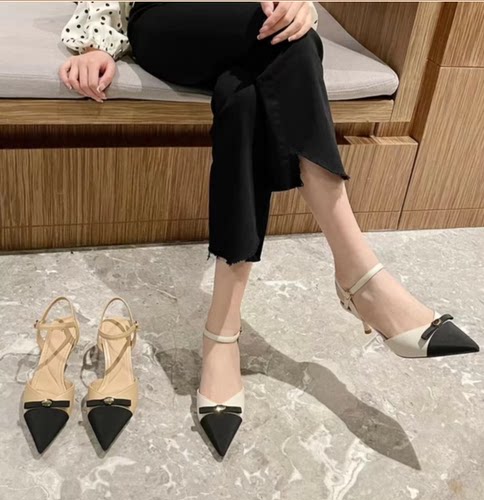 小香风拼色！专柜女鞋中跟细跟尖头包头凉鞋女气质拼色B31173213