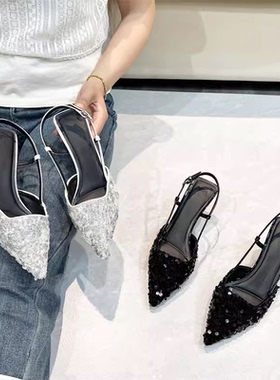 珠片亮片！专柜女鞋中跟细跟尖头包头后空凉鞋女气质D701A365-22