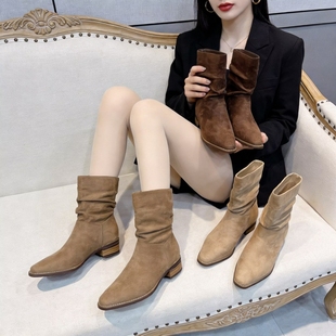 洋气短靴！专柜女鞋低跟方跟平底秀气绒面短靴女气质G765699-1A