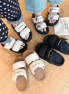 商场撤柜断码厚底外穿一字拖鞋女露趾魔术贴沙滩鞋凉拖M3-92312-6