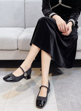 专柜商场撤柜断码粗跟方头时尚一字带玛丽珍单鞋女Z1-20510-3