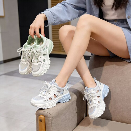 真皮+镂空！专柜商场撤柜断码时尚渐变夏季休闲老爹鞋凉鞋女B5063