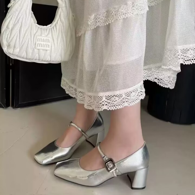 法式粗跟方头玛丽珍鞋女鞋单鞋