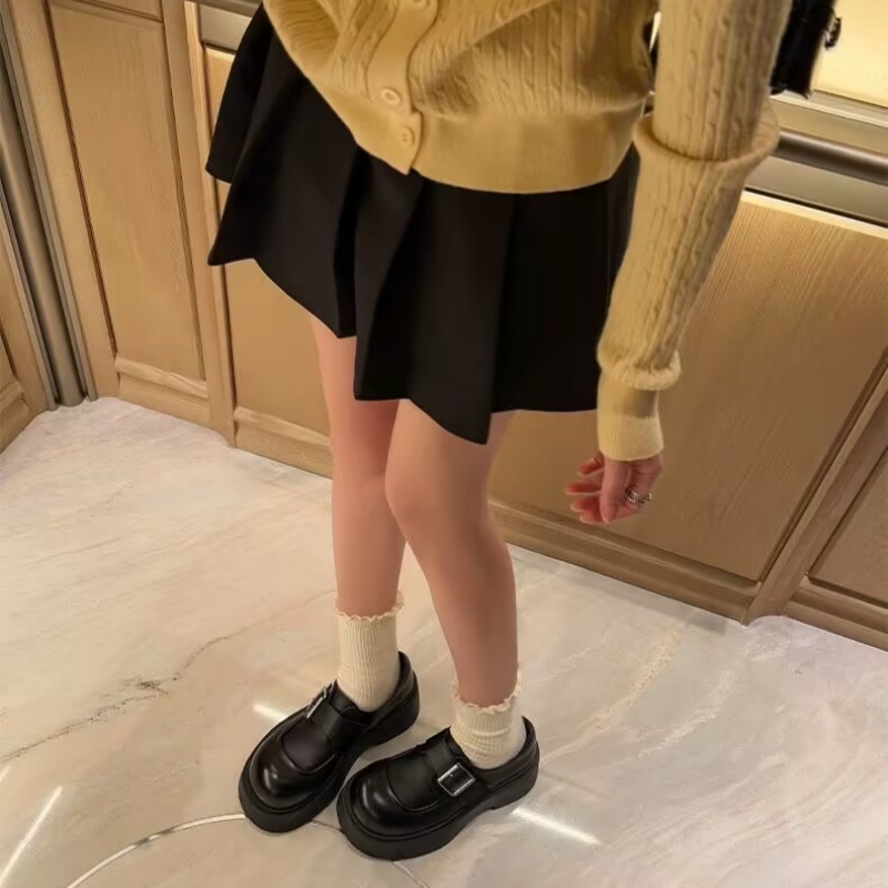 休闲皮带扣英伦风断码纯色粗跟