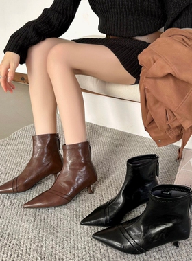 专柜商场撤柜断码细跟尖头时尚气质名媛后拉链短靴女YD25137