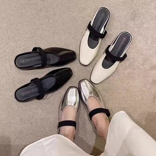 复古银色玛丽珍平底穆勒凉拖D731002 女夏外穿法式 包头半拖鞋