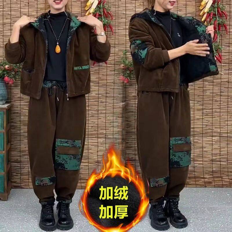 加绒加厚灯芯绒连帽套装秋冬新款大码宽松显瘦洋气外套裤子两件套