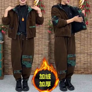 宽松显瘦洋气外套裤 大码 子两件套 秋冬新款 加绒加厚灯芯绒连帽套装