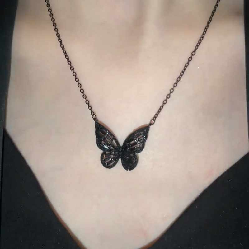 日韩时尚轻奢黑色蝴蝶项链耳环