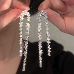 爆闪奢华水滴锆石长流苏耳环925银针耳钉小众设计高级感耳饰显瘦