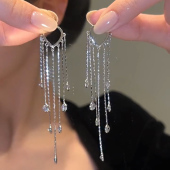 超仙锆石长流苏耳扣耳环小众设计耳饰女圆脸显瘦高级感2023新款 潮