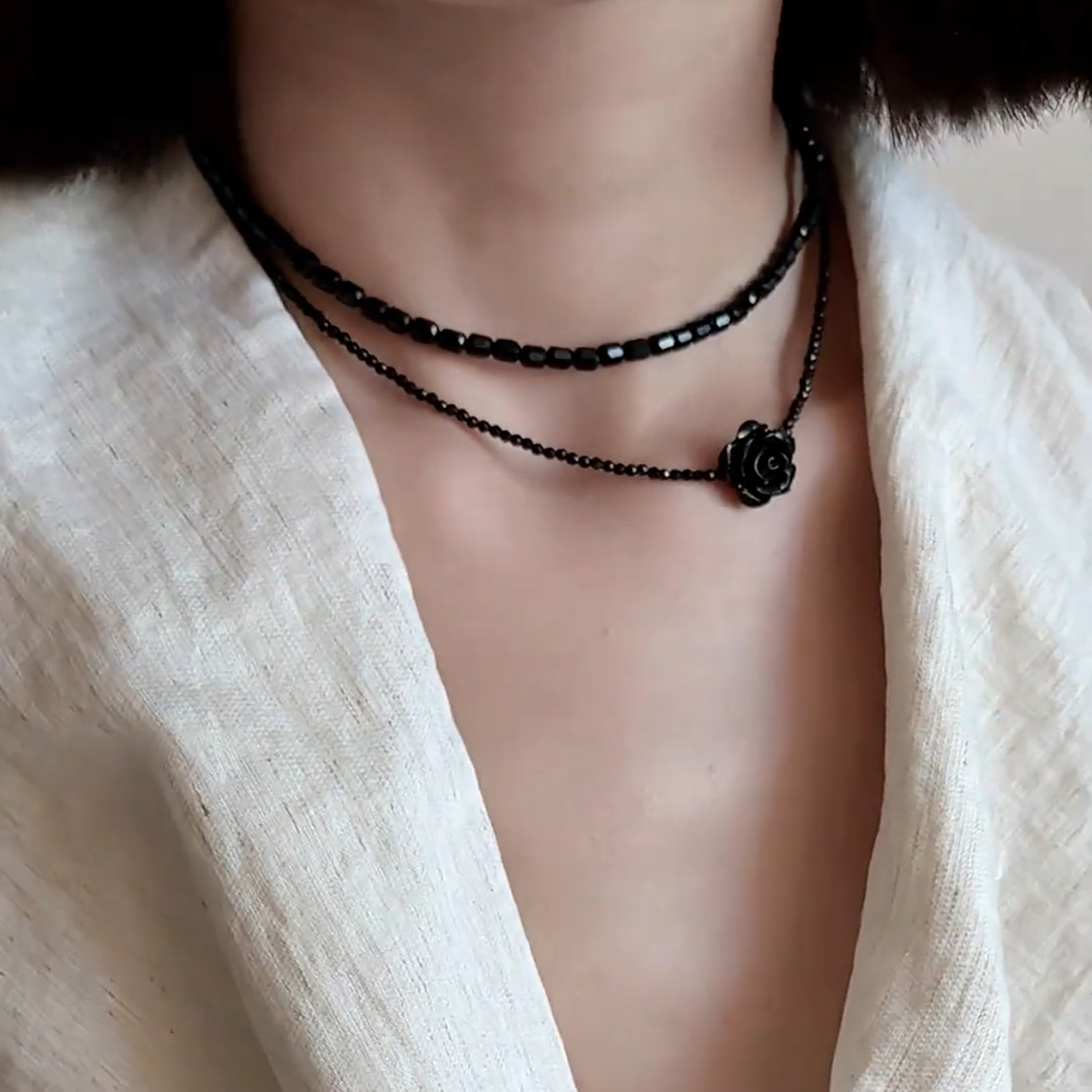 2025新款双层串珠玫瑰花吊坠项链