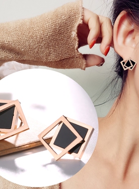 几何黑色短发耳环玫瑰金钛钢耳钉防过敏气质饰品女2020新款潮ins
