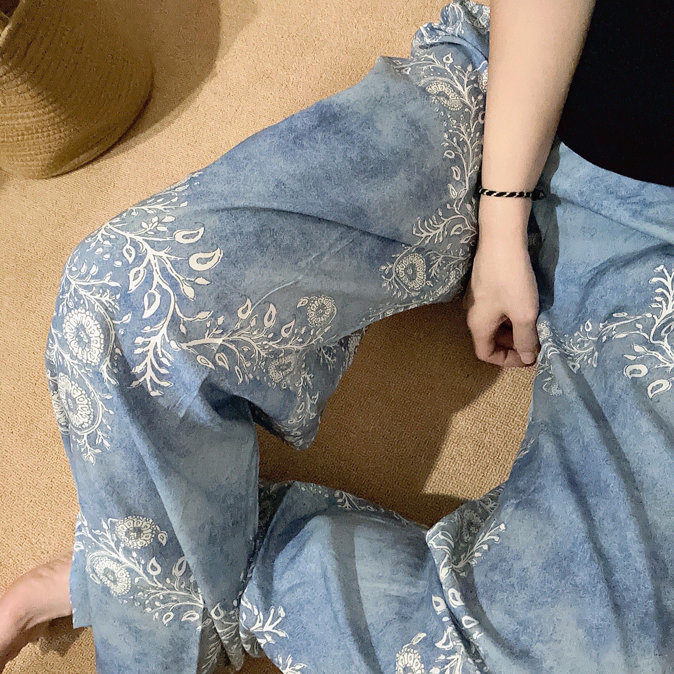 女夏季波西米亚阔腿裤东南亚棉绸九分裤印花沙滩海边度假防晒花裤