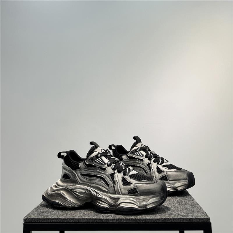 男士鞋子2025新款复古做旧老爹鞋网面透气厚底增高鞋潮系带休闲鞋