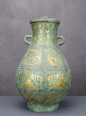 古青铜器错金射宴狩猎纹铜壶摆件汉代铜钫盛酒器酒壶酒瓶杯