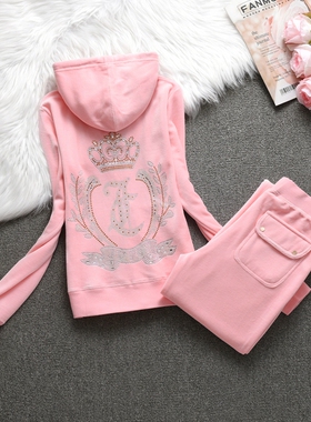 juicy coconut天鹅绒运动服套装女款卫衣连帽外套烫钻修身金丝绒