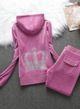 juicy coconut天鹅绒休闲运动服套装女皇冠烫钻修身开衫卫衣春秋