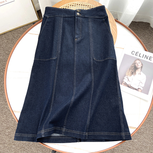 深蓝色高腰两粒扣中长牛仔半裙 柜2900 新款 秋季 女926 高端小禾