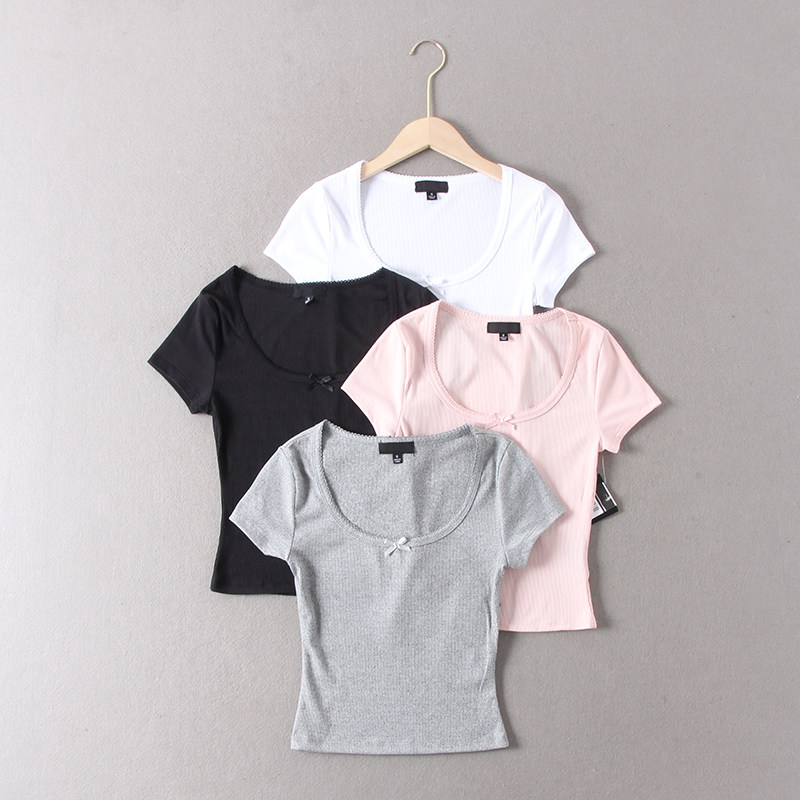 出老美单！甜美纯欲风U领蝴蝶结装饰修身显瘦短款弹力短袖套头T恤