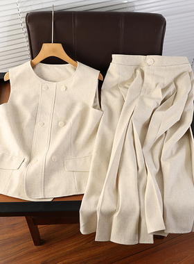 高端货 放心入手 圆领单排扣亚麻无袖马甲+高腰百褶半身裙ah613