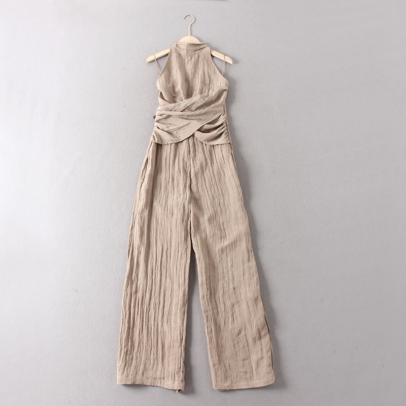 出西班牙单！39.9欧元！气质御姐风挂脖肌理感褶皱阔腿连体长裤