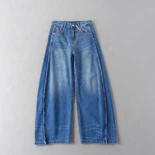 水洗牛仔裤 国内单 女显高级感宽松阔腿立体剪裁拼接显瘦弯刀裤