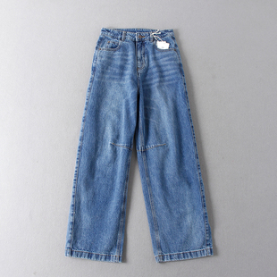 新款 女显瘦高级感水洗磨白高腰立体剪裁宽松阔腿直筒牛仔长裤