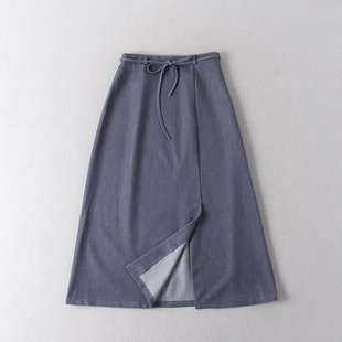 出西班牙单 气质优雅高腰通勤腰部系带显瘦开衩半身裙 门店299