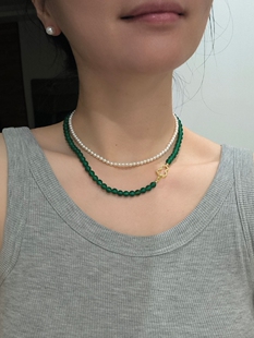 ISLA孤岛菠菜绿玛瑙玉髓项链配饰女锁骨链老钱风文艺纯银毛衣链