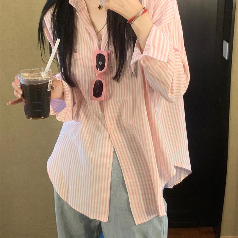 粉色条纹衬衫外套女春夏季韩版宽松慵懒休闲簿款长袖防晒衬衣上衣